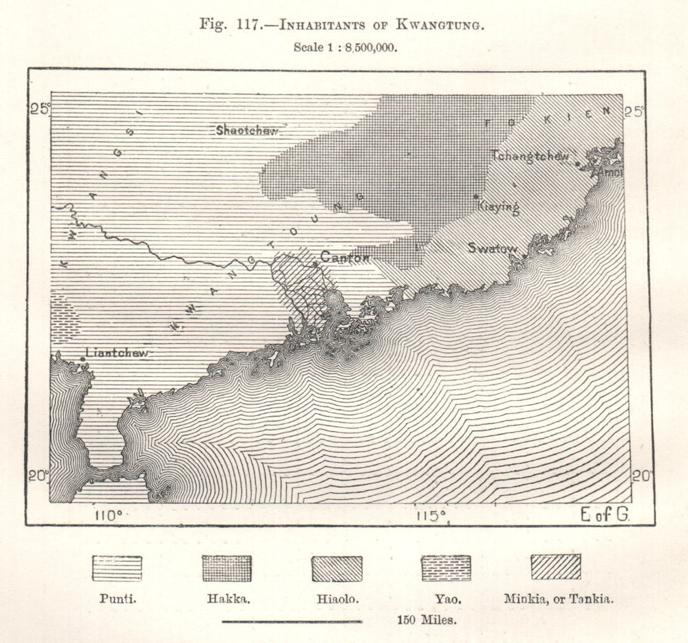 Inhabitants of Kwangtung Guangdong. Canton China. Sketch map 1885 old